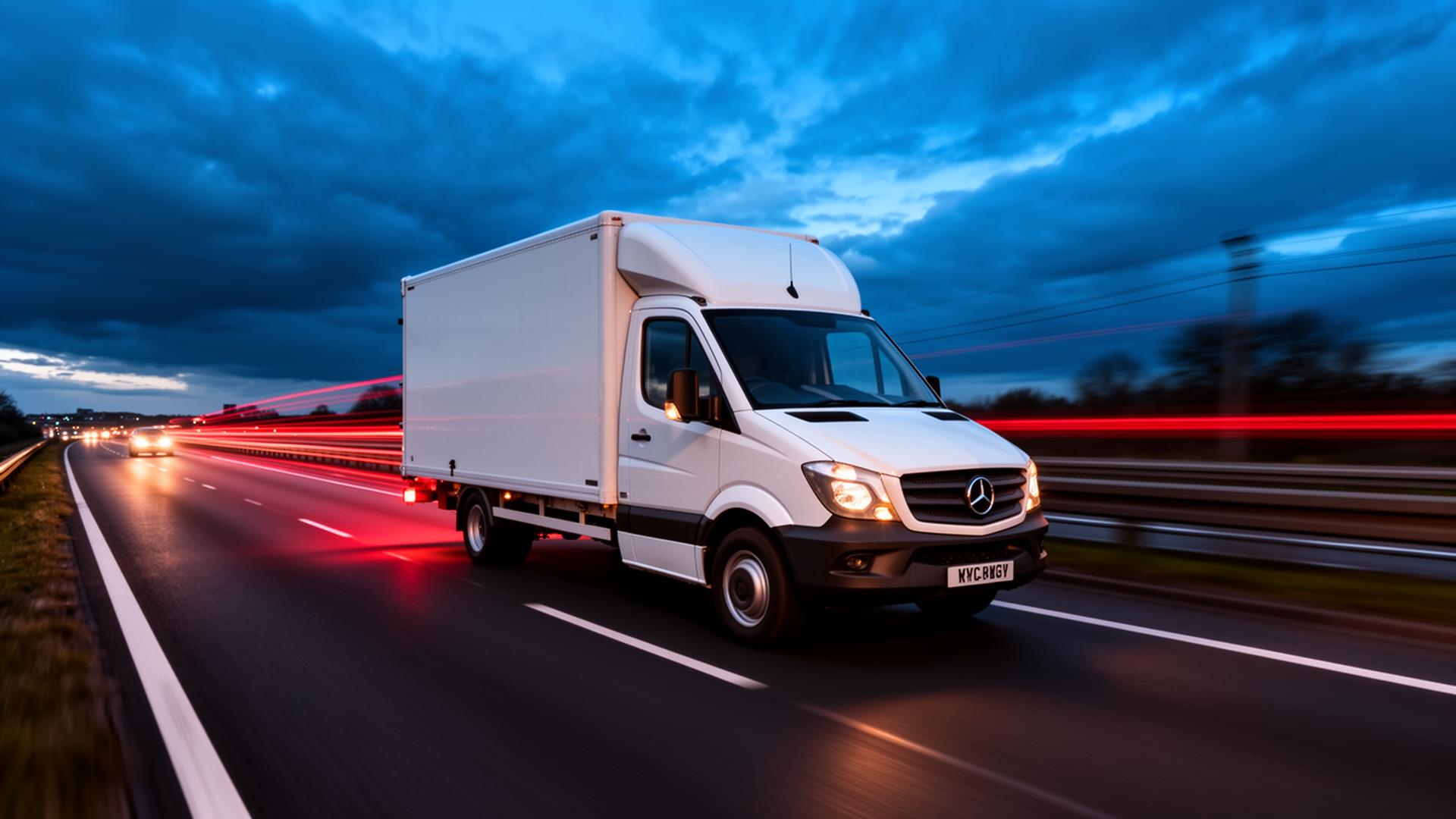 White courier van driving on a UK motorway at dusk
