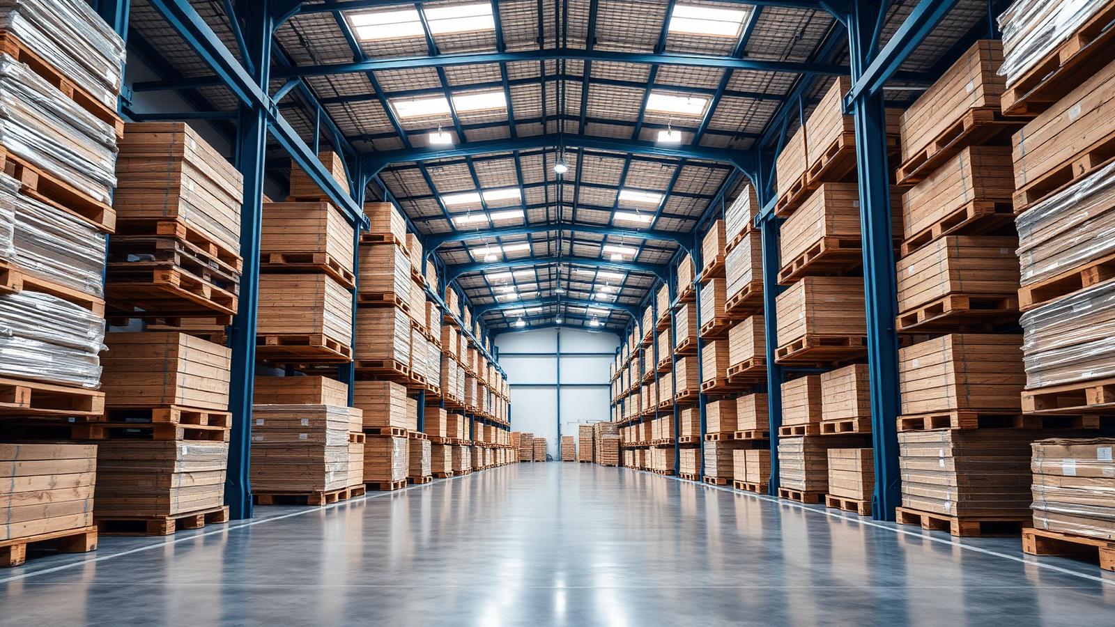 Clean modern warehouse interior with stacked pallets